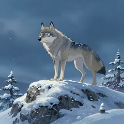 a wholesome animation key shot, wolf totem!! on the top of a mountain!! winter, smow, studio ghibli, pixar and disney animation, sharp, rendered in unreal engine 5, anime key art by greg rutkowski, bloom, dramatic lighting, volumetric lighting!!