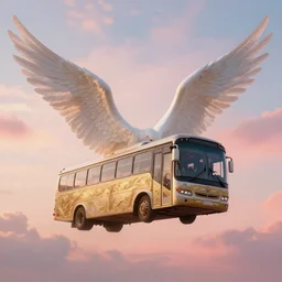 beautiful aesthetic inspiring painting of a bus with massive white angel wings flying in a slightly cloudy sky at sunset, pink orange white sky blue tones, fantasy, ornate and elegant, cinematic, detailed, made in photoshop krita procreate, digital art, in the style of Robert Jeff Lisa Steve Greg Mary, trending on artstation
