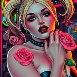 closeup portrait of seductive harley quinn posing, roses, tension, jim lee, frank miller, night club, futurepunk, pinup, nagel, glamour pose, varga, moebius, gta v, dan mumford, mucha, nagel, fantasy tarot card, d & d, neon, black paper, vibrant, greg rutkowski,