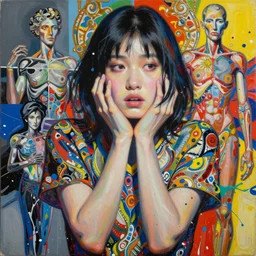 decollage painting young japanese actress chased by unconsciousness fear by adrian ghenie and takato yamamoto and edward hopper and mark ryden and tsutomu nihei, part by bridget riley, acrylic pour and splashing paint, very coherent, baroque elements, perfect anatomy, intricate design. pop art.