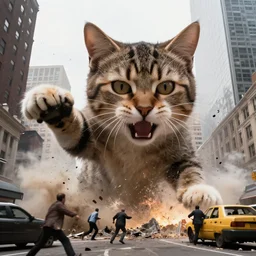 still of a huge giant massive kitten destroying nyc in destructive rampage, disaster footage
