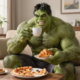A high definition and realistic photo of  a smiling incredible hulk drinking a cup of coffee and eating pizza and croissant on a couch in his living room, hyperdetailed, artstation, digital art, photorealism, accurate, 8k,