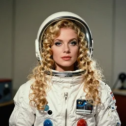 a woman wearing a 1950's spacesuit with no helmet, long curly blond hair, 1950's, film grain