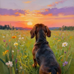 a painting from behind an ultra realistic highly detailed dachshund standing in a field of flowers watching a beautiful sunset by craig mullins, trending on artstation, color field, concept art, artstation hd, highly realistic drawing