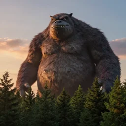 close up of a giant monster rising from a forest. view from tree tops, 4 k, artgerm, high detail, dramatic lighting, sunset, hayao miyazaki, masashi ando, nizou yamamoto, kazuo oga, joe hisaishi, yoji takeshige, naoya tanaka