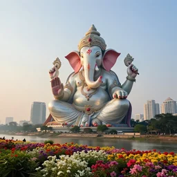 magnificent futuristic guwahati city, sharp biophilic ganesha!! building, brahmaputra ghat flowers, highly detailed, stephen shore & john j. park, cinematic morning light, wide shot, ground angle, uhd 8 k, sharp focus