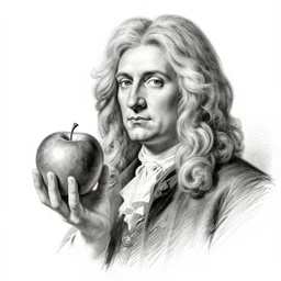 isaac newton holding an apple, hand drawing, graphite