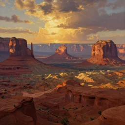 a beautiful epic dramatic ethereal landscape painting of deep red sandstone buttes and mesas | monument valley, death valley, drumheller, grand canyon | golden hour, dramatic lighting, chiaroscuro, impressionist, surrealist | by alfred bierstadt, by salvador dali, by frederic remington | trending on artstation