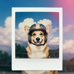 weathered old analog polaroid portrait photograph of a corgi wearing a vintage motorcycle helmet, summer, azure sky, big clouds visible, lensflare, sunlight, glare, depth of field, bokeh, filmgrain, red color bleed
