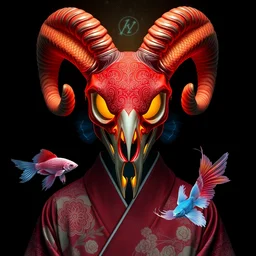 3 d liminal space frontal portrait with ram skull. beautiful intricately detailed japanese crow kitsune mask and clasical japanese kimono. betta fish, jellyfish phoenix, bio luminescent, plasma, ice, water, wind, creature, artwork by tooth wu and wlop and beeple and greg rutkowski