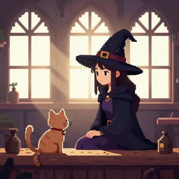 pixel art witch with her cat sitting in a tavern with godrays through the windows