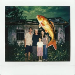 an old polaroid picture of a smiling family in front of an abandoned house. one family member is a giant human - sized carp, standing on its tail. dark greenish creepy lighting, mysterious