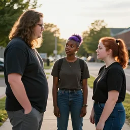 a realistic photo of three teenagers talking. one is a large stocky white boy with thick long brown hair and glasses. one is a lanky black girl with a purple undercut. one is a short chubby white girl with red hair in a ponytail. they are standing outside on a sidewalk as the evening sun shines behind them.