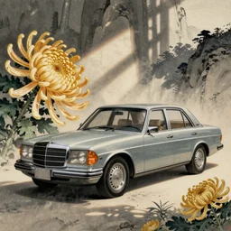 a mercedes - benz and a chrysanthemum. by shin hanga and kawanabe kyosai