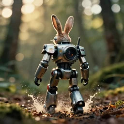a 3 5 mm photo from the back of a rabbit - mecha - robot - delorean - fusion walking in the woods, splash art, movie still, bokeh, canon 5 0 mm, cinematic lighting, dramatic, film, photography, golden hour, depth of field, award - winning, anamorphic lens flare, 8 k, hyper detailed, 3 5 mm film grain