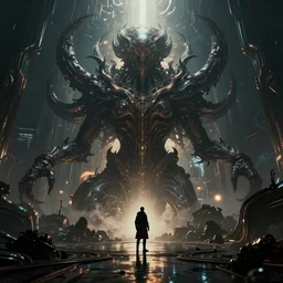 dark futuristic time traveler confronts eldritch horror, digital art, cinematic, color grading, dramatic, ultra - wide angle, 3 2 k, ultra - hd, super - resolution, flare, cinematic lighting, volumetric light, ray tracing reflections, insanely detailed and intricate, hypermaximalist, elegant, ornate, hyper realistic, super detailed, a sense of terror, the final fight, a sense of awe