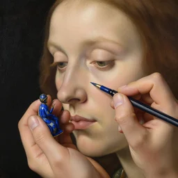 close up of the artist face painting a miniature, lapis - lazuli. painting by jan van eyck