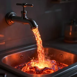 lava flowing out of a tap into the sink, cinematic dramatic lighting, warm glow, dimly lit, 3d realistic, HD photography 4k