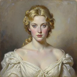 exquisite oil painting on canvas of gwendoline christie portraying lucifer, woman's portrait, gorgeous face, goldilocks, porcelain looking skin, piercing stare, unique and intricate painting, stunning ivory dress, elegant, majestic, 4 k, ultra high quality, canon, photorealistic, by annie leibovitz