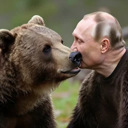 vladimir putin kisses a bear, french kiss, lovely kiss, kiss mouth to mouth, romantic, emotional, love scene, insane details, clear face and eyes, textured, 8 k, professional photography, animal world, discovery channel