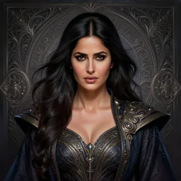 head-on centered symmetrical painted portrait, Katrina Kaif as a D&D Storm Mage, intricate fantasy robes, fantasy, intricate, elegant, highly detailed, digital painting, smooth, sharp focus, illustration, dramatic lighting, artstation, in the style of Artgerm and Anna Podedworna