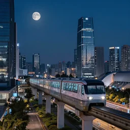 highly detailed monorail going through a modern city at night, two moons