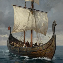 a portrait painting of a viking ship, digital painting, hyper realistic, nordic mythology, full of details, in the style of simon stalenhag,