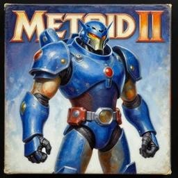 1 9 9 5 retro metroid ii box art. power armor indigo color scheme. character class. drew struzan. keith parkinson. oil on canvas.