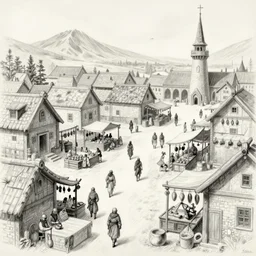 skyrim screenshot of the market of the town, pencil drawing.