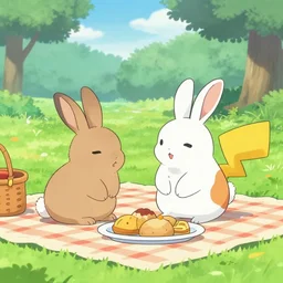 two rabbits in love with each other are having a picnic in the park, pokemon