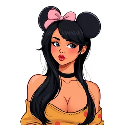 woman, black hair, tan skin, curvy, slight resemblance to selena gomez with mickey mouse ears. colorful clothes. clean cel shaded vector art. shutterstock. behance hd by lois van baarle, artgerm, helen huang, by makoto shinkai and ilya kuvshinov, rossdraws, illustration,
