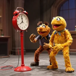muppet puppet gonzo special forces trying to diffuse a clock attached to red sticks with electrical wires. action movie scene photograph.