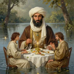male cottagecore taliban leader having dinner on the flood. intricate, elegant. highly detailed, digital painting, artstation, concept art, smooth, sharp, focus, illustration.. art by artgerm and greg rutkowski and alphonse mucha