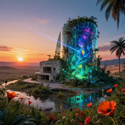 abandoned by louis kahn, lightpaint desert evil poppy nightvision sunset infrared neon signs cosmic laser fisheye hyperrealism junglepunk galactic otherworldly biopunk nature venus assassin's creed anime made of glass synthwave thermal imaging rainforest architecture island flowers bladerunner 2 0 4 9, archdaily, wallpaper, highly detailed, trending on artstation.