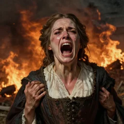 portrait of a noblewoman screaming in despair as her home burns, by Greg Rutkowski Thomas Kincade, detailed, 4k, cinematic, intense, gritty, fantasy, masterpiece, two characters, tragedy, faces visible, tears