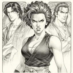 angry scarlett johansson as afro samurai manga style, baki style, david finch, alphonse mucha, pencil and ink, wasteland landscape, wide angle lens, full body profile, dramatic lighting, black and white