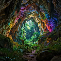 rainbow colored caves lead to a rainforest, highly detailed digital art, artstation, cfg = 1 2