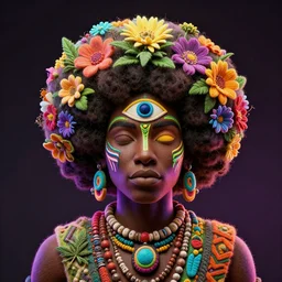 an african marijuanna! shaman with an afro made of flowers, third eye art art by machina infinitum, complexity from simplicity, rendered in octane, mandelbulb 3 d, rim lighting, ambient occlusion, macro photography, felt!!! texture, tribal, neon! retrowave