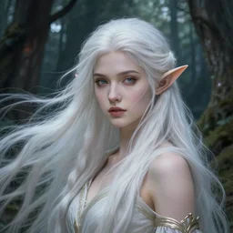 portrait of a fantasy elf female sorceress queen with long white hair flowing wind in an ancient forest filled with magic, highly detailed, digital painting, artstation, smooth, sharp focus, detailed face, illustration, art by artgerm and greg rutkowski and alphonse mucha