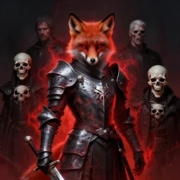 anthropomorphic fox, berserk skullknight armor and sword, red black aura, fantasy, dark, portrait by donato giancola and greg rutkowski and wayne barlow and zdzisław beksinski, realistic face