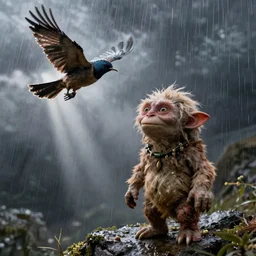 gollum - faced bird flying in rain