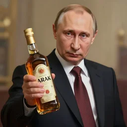 putin holding a bottle of alcohol with the text arak, cinematic, beautiful digital painting, hyper detailed