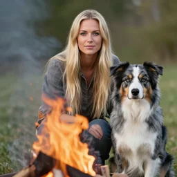 photo of hillbilly with long blonde hair and his australian shepherd dog around a bonfire, gray and black dog coat, symmetric face