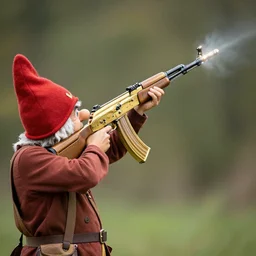 A garden gnome shooting a gold plated ak-47 into the air