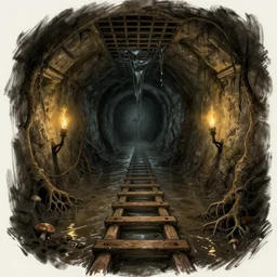 a wooden ladder leads out of waist - deep flooded sewer tunnels. fantasy art, underground, stream, musty, damp, sewage, darkness, sewage falling from grates, underground, catacombs, abandoned spaces, torchlight. sketch art earthdawn campaign setting. myth drannor. parlainth. roots, mud, mushrooms, d & d.