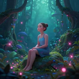 a natalie portman sitting on rock, surrounded by bio - luminescent, glowing peaceful serene sentient solarpunk, jungle. in the style of katamari damacy, scattered glowing pink fireflies, soft vaporwave liminal aesthetic. 3 d blender by tomer hanuka, greg rutkowski, beeple, sharp focus, digital painting, concept art