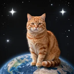 A fuzzy orange cat sitting on planet earth, space with stars in the background, Tim Burton’s Art Style