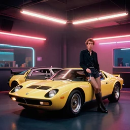 designed by  Giorgetto Giugiaro stylized poser of a single 1973 Miura Citroen DM BMW M1 ((McLaren F1)) DeLorean, thick neon lights, ektachrome photograph, volumetric lighting, f8 aperture, cinematic Eastman 5384 film