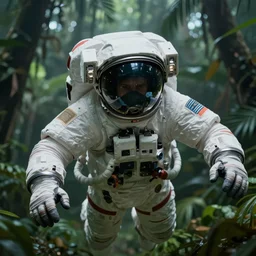 portrait close - up shot, of space astronaut flying in tropical jungle with big palm leaves, gloomy green lights, highly detailed science fiction illustration by jeremy geddes. photorealistic, octane render, hyper detailed, 8 k, movie still, artstation, unreal engine,
