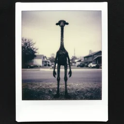 an black and white photography of a tall skinny creature with a long neck, arms, and legs, covered in black substance, suburbs backround, 1 9 9 0, polaroid,